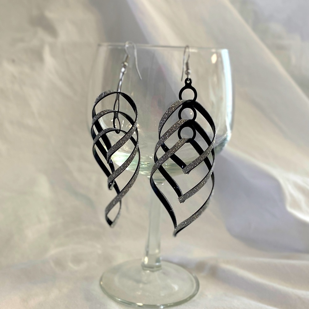 Gunmetal glittery black bangle dangle earrings